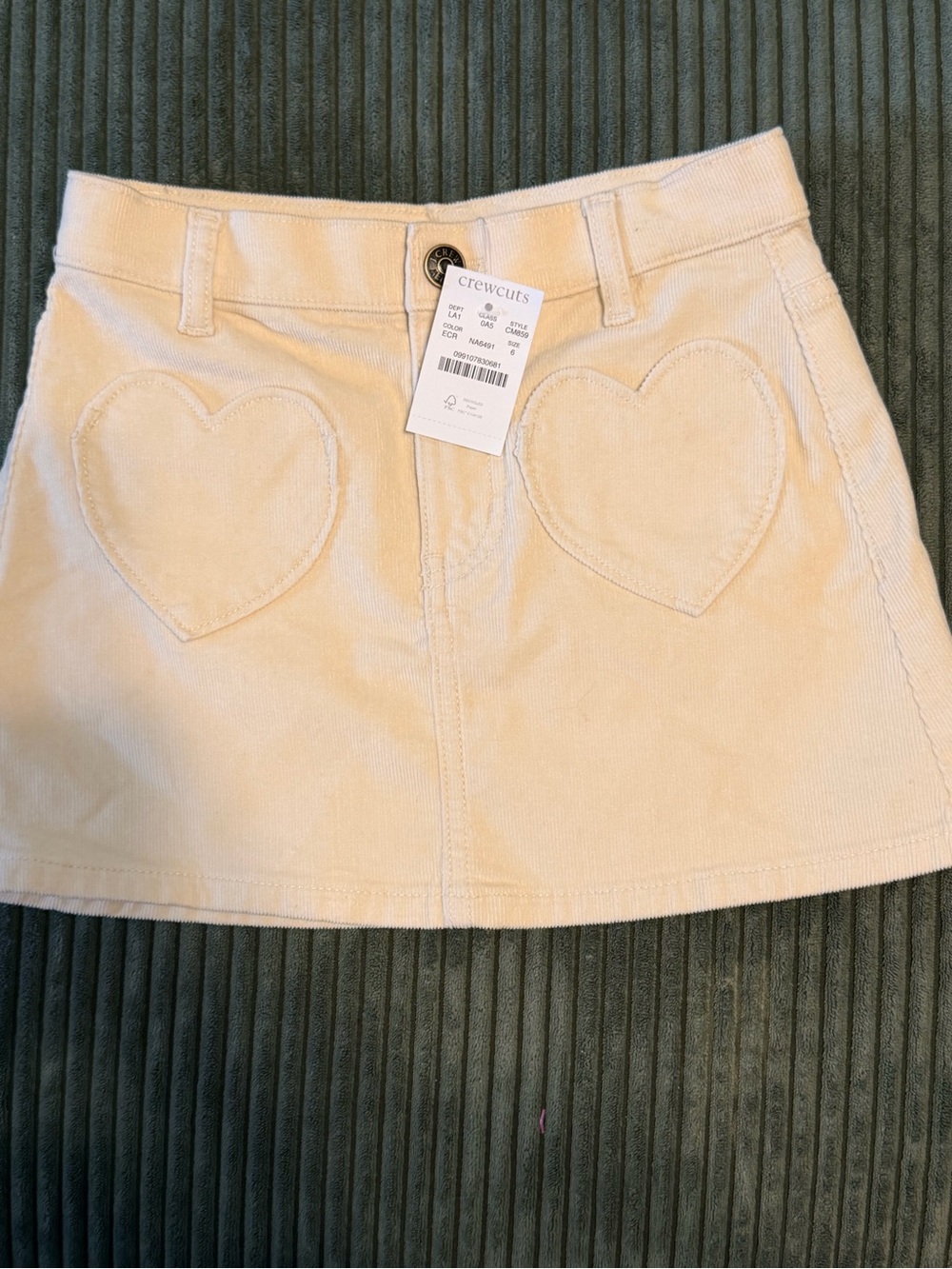 J.Crew Crewcuts Girls’ Heart-Pocket Corduroy Skirt – Ecru, Size 6 — NWT